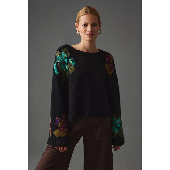 Anthropologie Maeve Embroidered Flowers Cropped Sweater - Picture 1 of 9